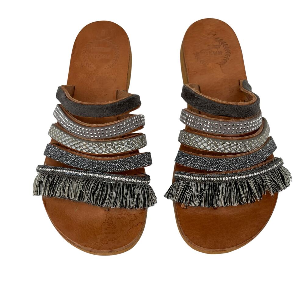 Nayia Greek Sandals 6 Gray Leather Fringe Rhinestone Strappy with Toe Strap